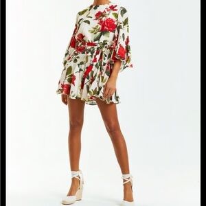 MESTIZA New York Floral Bell Sleeve Mini Dress Red and Cream length Small